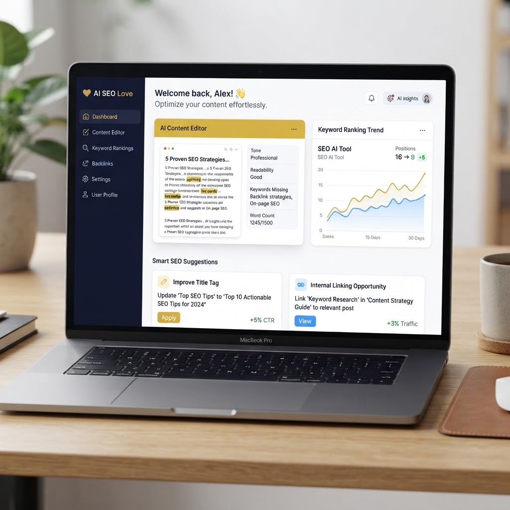 Interface concept for AI SEO Love showing an AI-assisted SEO content dashboard