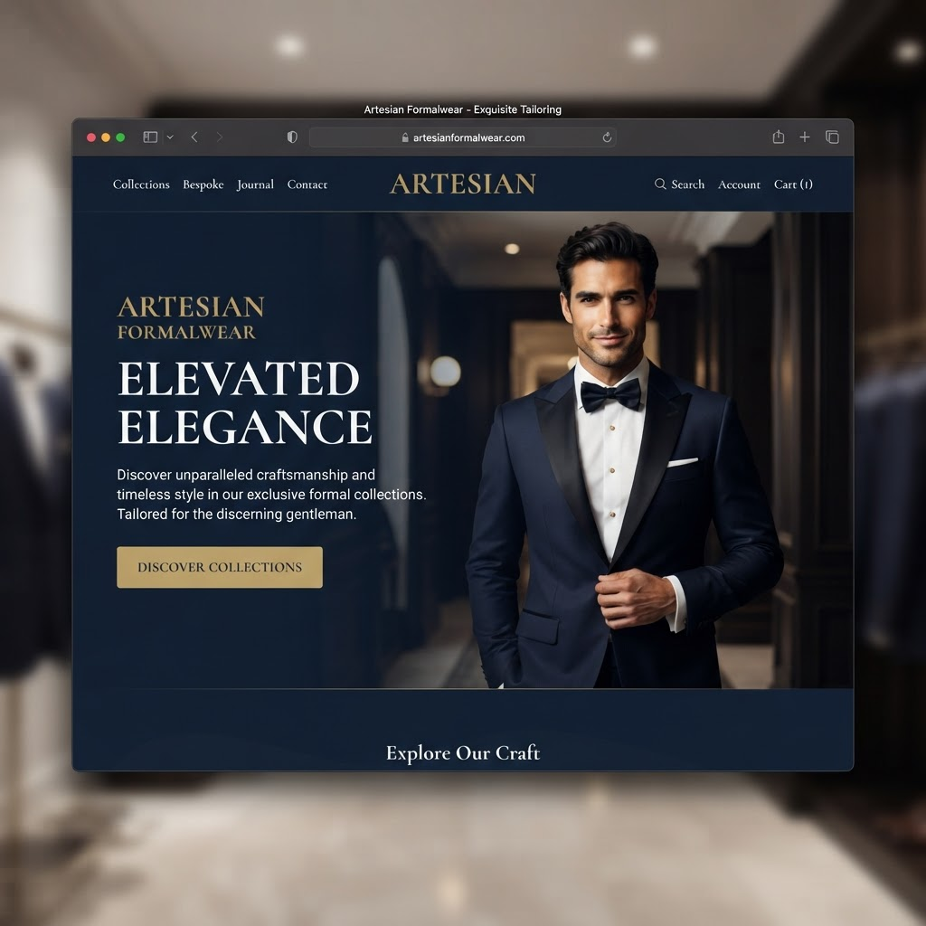 Website concept for Artesian Formalwear showing an elegant formalwear brand landing page