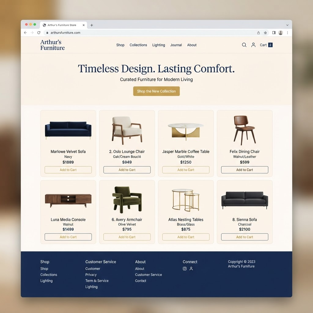 Storefront concept for Arthur's Furniture Store showing a furniture product grid