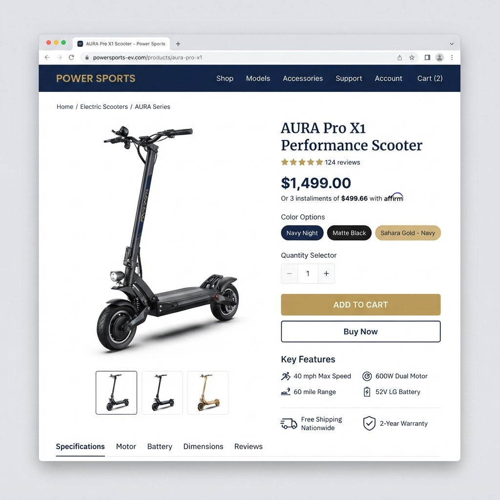 Storefront concept for Power Sports Electric Scooters showing an electric scooter product page